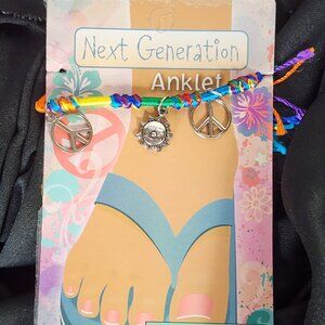 Novelty Inc Next Generation Silver Tone Peace Sun Symbols on Yarn Ankle Bracelet